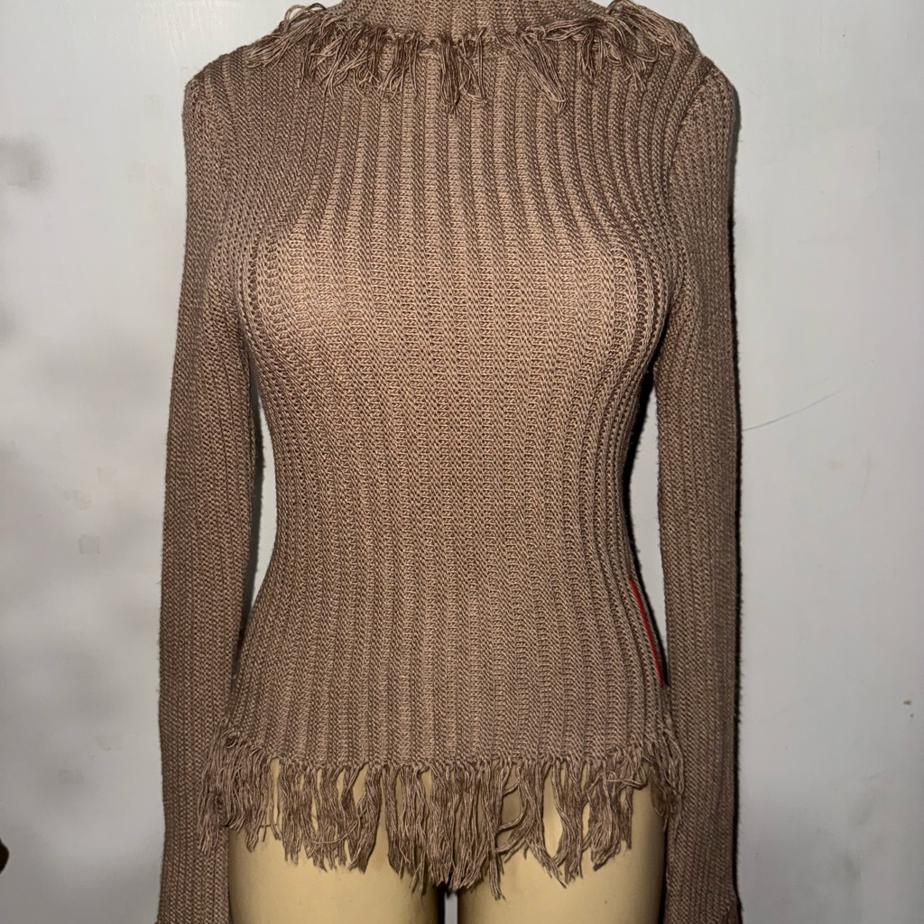 Prada Taupe Fringe Turtleneck Sweater